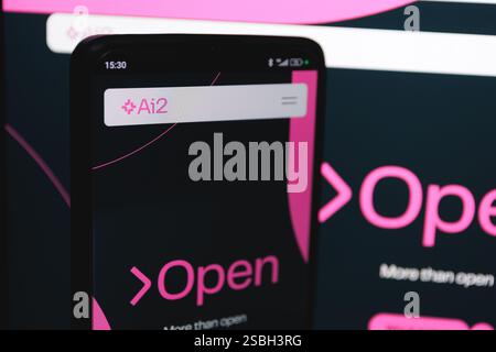 Screen displaying AI2 Allen Institute for Artificial Intelligence website. February 3, 2025 Stock Photo