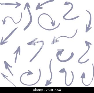 Hand-Drawn Curved and Swirly Arrow Design Elements on White Background Stock Vector