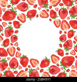 Round frame with 3d realistic vector strawberries. Frame made of red fruits isolated on white background. Stock Vector