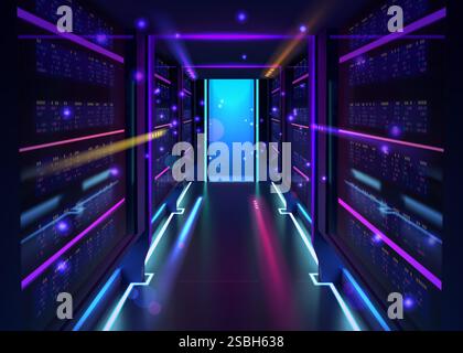 Future technology. Digital data tech center. Abstract concept of server door or portal. 3D metaverse entrance. Futuristic room. Studio stage. Electric Stock Vector