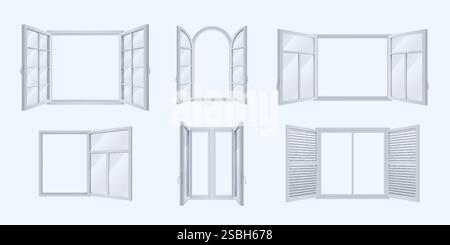Realistic window. 3D open or close glass casements. Country facade decoration. Clear interior wall. Wooden frame for store. Square home windowsill. Ar Stock Vector