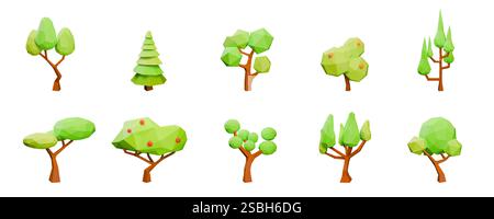 3d tree. Low polygon forest, ecology paper origami or eco geometric plants. Triangle nature fruit garden. Oak spruce and apple tree. Render 3d isolate Stock Vector