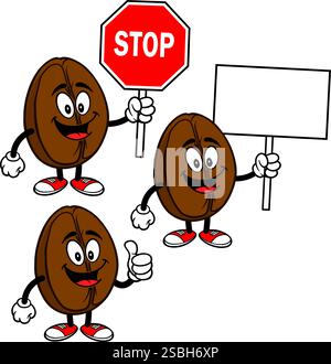 Coffee Bean Character Set, Hand Drawn Vector illustrations, Isolated On Transparent Background Stock Vector