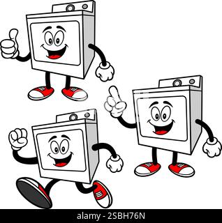 Clothes Dryer Character Set, Hand Drawn Vector illustrations, Isolated On Transparent Background Stock Vector