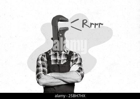 Creative collage image of confident construction worker man wrench key tool instead head isolated on painted background Stock Photo
