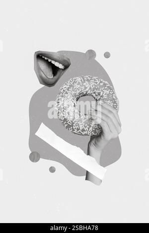 Vertical collage picture of toothy smile human mouth bite arm hold big yummy donut isolated on drawing background Stock Photo
