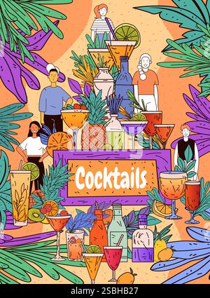 Cocktail party vibrant drinks tropical theme colorful beverages fruits people surrounded by lush leaves and citrus elements lively atmosphere poster Stock Vector