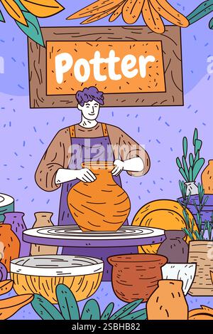 Pottery artist crafting ceramic vase in studio surrounded by pots plants and tools colorful detailed design with purple background website banner Stock Vector