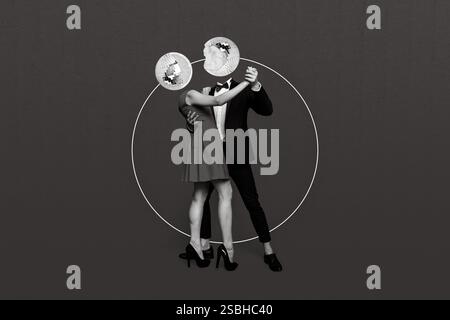 Creative photo 3d collage artwork poster postcard of two weird person dancing together celebrate event isolated on painting background Stock Photo