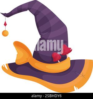 Illustration of a purple striped witch hat featuring a hanging pendant, yellow accents, and red mushroom decorations on a white background. Stock Vector