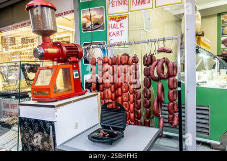 Sausage stand in the market, grill, coffee maker, coffeemaker, shop in Mersin Turkey Stock Photo