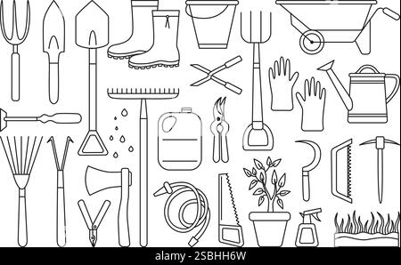 Doodle garden equipment. Gardening tools for working with plants, agriculture elements. Shovel pitchfork rake, rubber boots, plant in pot, neoteric Stock Vector