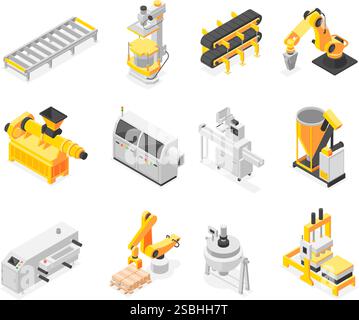 Isometric industry robots. Robotics manipulators machines, heavy technologies for factories, manufactures. Industrial technic flawless vector set Stock Vector