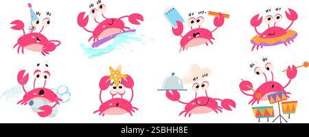 Cute crabs characters. Ocean crab cooking and surfing. Emotional ocean animals play music, looking on sea star and fights plastic waste, nowaday Stock Vector
