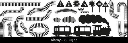 Black railway tracks and train. Isolated trains paths, flat transportation and road elements. Railroads curved straight, traffic signs. Transport Stock Vector