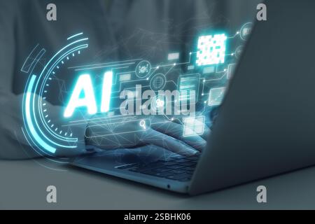 Artificial intelligence. Woman using laptop at table, closeup. Scheme with AI and other icons over computer Stock Photo