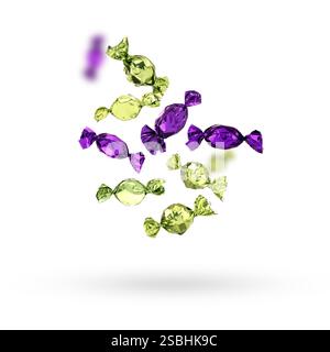 Candies in bright wrappers falling on white background Stock Photo