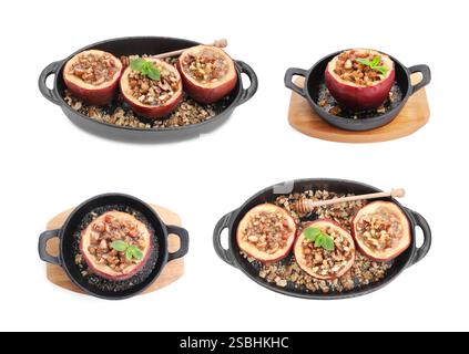 Tasty baked apples with nuts and honey in baking dishes isolated on white, set Stock Photo