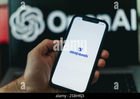 Minsk, Belarus 03 Feb 2025:Deepseek Ai logo is displayed on smartphone. Stock Photo