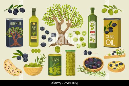 Olive. Different products from olive oil vegetarian foods sandwitches olive leaves recent vector flat illustrations set Stock Vector