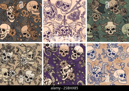 Skull pattern. Seamless background with creepy head skull recent vector template Stock Vector