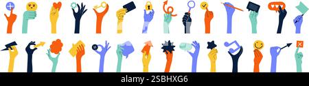 Hands holding. Different objects in human hands ribbons speech bubbles hearts gestures flags and stars recent vector illustration set Stock Vector