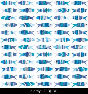 Background with blue stylized fish lined up in rows Stock Vector