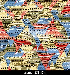 Ethnic colored seamless pattern with triangles in doodle style made of lines and dots Stock Vector