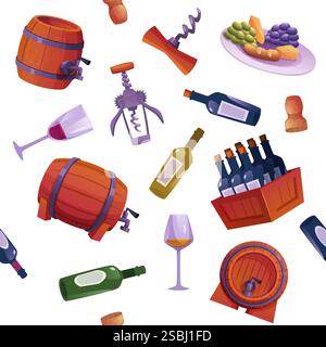 Wine pattern. alcohol red and white wines and winery tools jars and barrels. vector seamless background Stock Vector