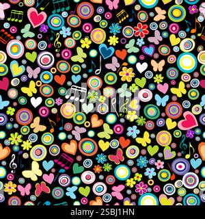 Seamless pattern with flowers, hearts, musical notes and round shapes on black background Stock Vector