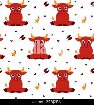 Vector pattern with cute bull with bells and footsteps in graphic line cartoon style on a transparent background. Illustration for postcards, posters, Stock Vector