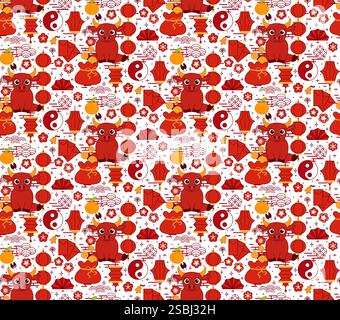 Chinese New Year colourful seamless pattern with oranges, money symbols, bull 2033 vector graphic line for poster, greeting card, red packet, packagin Stock Vector