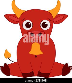 Funny cute baby bull with bell on neck graphic line vector character. Chinese lunar new year 2033, lantern festival mascot Stock Vector