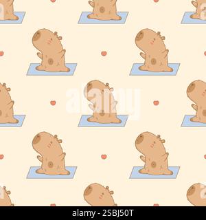 Seamless Pattern Cute athlete capybara stretching fitness on yoga mat. Funny cartoon kawaii animal yogi on beige background. Vector illustration. Spor Stock Vector