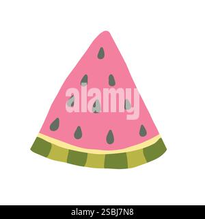 A simple and vibrant illustration of a watermelon slice with pink flesh, black seeds, and a green rind. Perfect for summer themes, healthy eating, or Stock Vector