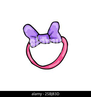 Cute pink headband with a vibrant purple bow illustration. Playful and girly hair accessory design, ideal for kids fashion, style elements, and Stock Vector