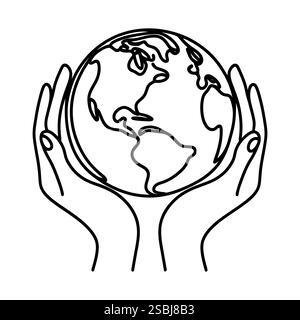 Linear planet Earth in hands, isolated on white background. Black hand drawn planet Earth in hands. Vector illustration Stock Vector