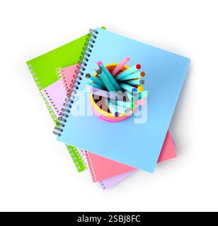 Notebooks and other different stationery isolated on white, top view Stock Photo
