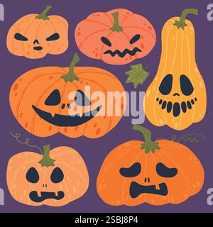 A collection of illustrated Halloween pumpkins with various spooky and funny faces on a dark purple background. Each pumpkin has a unique expression Stock Vector