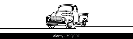 One continuous line illustration of a retro pickup truck, isolated on white background. Line art of retro pickup truck. Stock Vector