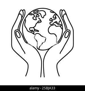 Linear Earth in hands isolated on white background. Black hand drawn globe in hands. Save of planet. Vector illustration Stock Vector