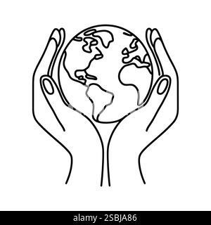Linear Earth in hands isolated on white background. Black hand drawn globe in hands. Save of planet. Vector illustration Stock Vector