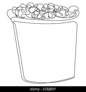 Bucket with popcorn in one line on a white background. Stock Vector
