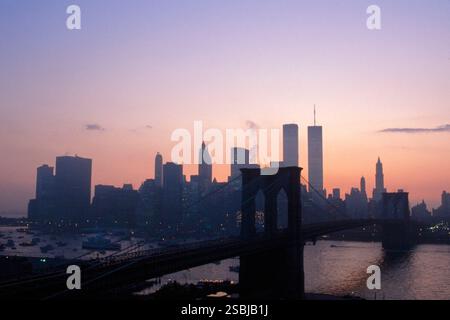 Manhattan Skyline with World Trade Center, 1983. Photograph by Bernard Gotfryd. Stock Photo
