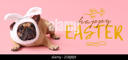 Cute bulldog wearing bunny ears on pink background. Easter banner Stock Photo