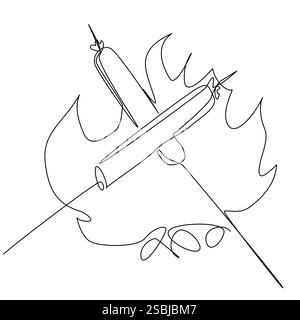 Grilled sausages on a fire in one line on a white background. Stock Vector