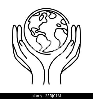 Linear Earth in hands isolated on white background. Black hand drawn globe in hands. Save of planet. Vector illustration Stock Vector