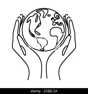 Linear Earth in hands isolated on white background. Black hand drawn globe in hands. Save of planet. Vector illustration Stock Vector