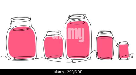 Jars with raspberry liquid in one line on a white background.  Stock Vector
