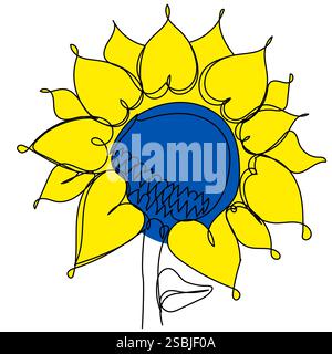 Sunflower in one line of blue-yellow color on a white background.  Stock Vector